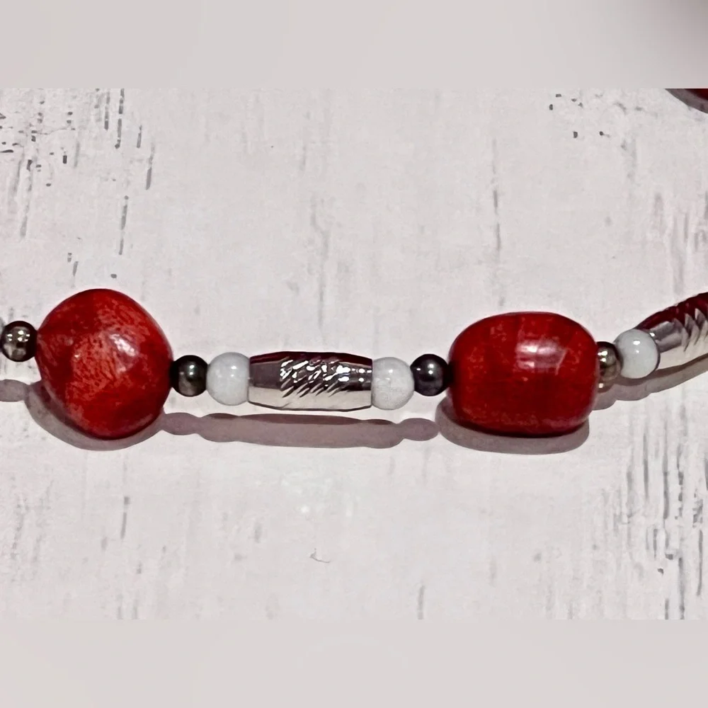 Red, Silver and White Handmade Jasper Beaded Bracelet
